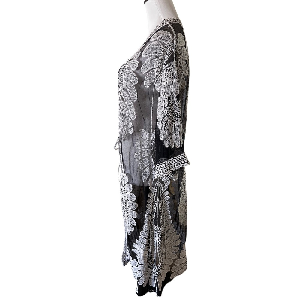 Asha Black White Embroidered Sheer Mesh Duster Kimono Longline Cardigan Tie O/S - Picture 3 of 4